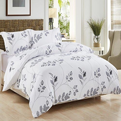 3 Piece Duvet Cover and Pillow Shams Bedding Sets, Comforter Quilt Sets Wrinkle Fade Stain Resistant Hypoallergenic Breathable Soft Microfiber Printed Leaf Design with Hidden Zipper and Tieback