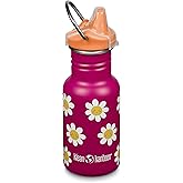 Klean Kanteen 12 oz Classic Kid's Sippy Bottle - For Little Hands - With Dust Cover & Attachable Loop - Durable, BPA-Free, Stainless Steel Material - Fits Interchangeable Caps - Happy Flowers