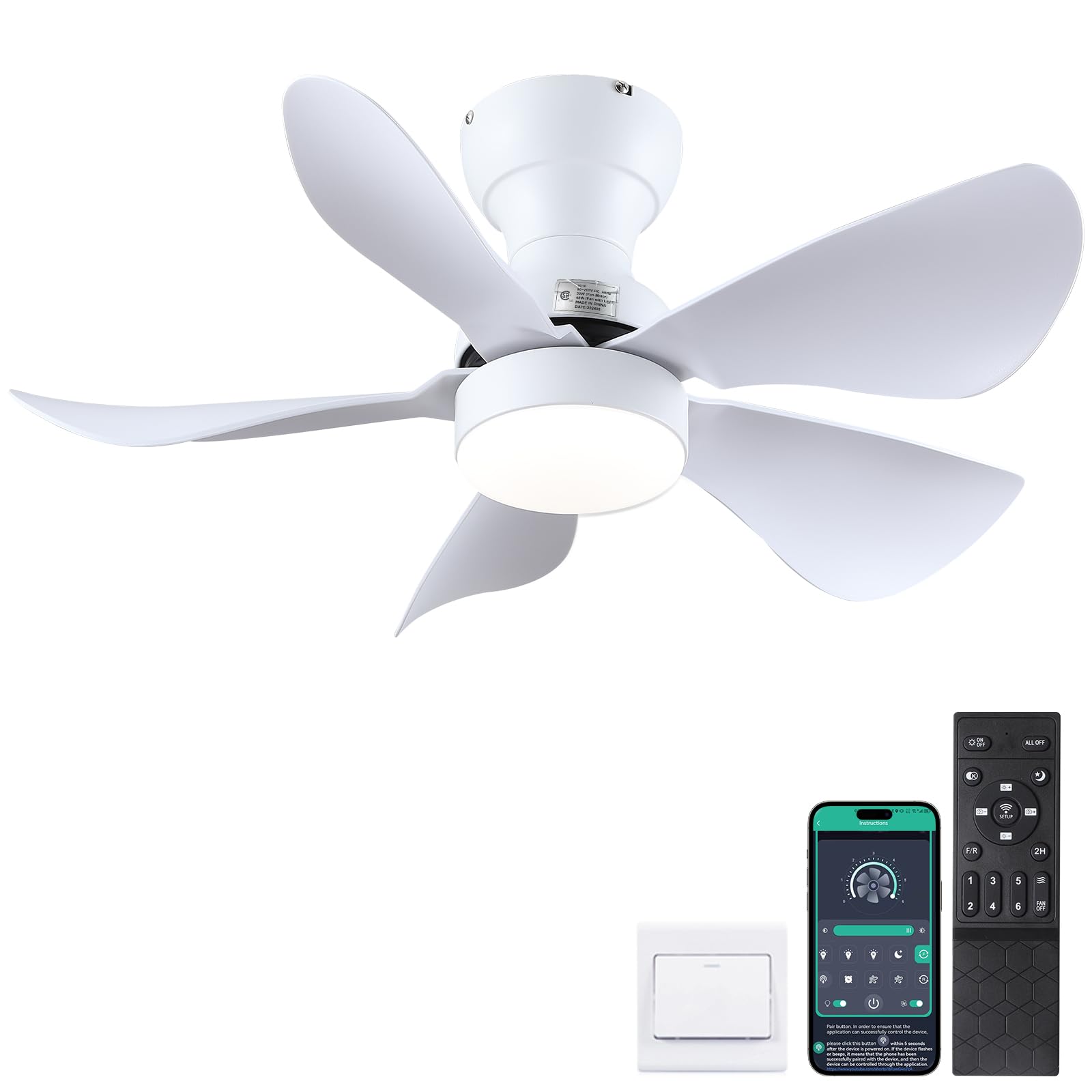 Photo 1 of Kviflon Ceiling Fans with Lights and Remote/APP Control, 30 inch Low Profile Ceiling Fans with 5 Reversible Blades 3 Colors Dimmable 6 Speeds Ceiling Fan for Bedroom Kitchen Dining Room, White