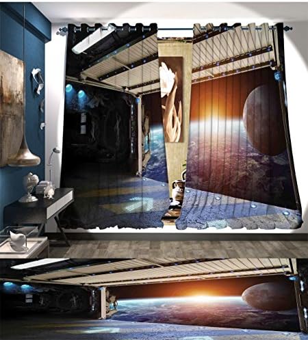 PriceTextile Outer Space Blackout Window Curtain Earth Scene from a Space Plane Runway Gate Globe Galaxy Up to Stars Picture Customized Curtains Multicolor