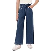 Haloumoning Girls Cute Wide Leg Flared Jeans Kids Oversized Elastic Waist Paper Bag Pants with Pockets 5-14 Years