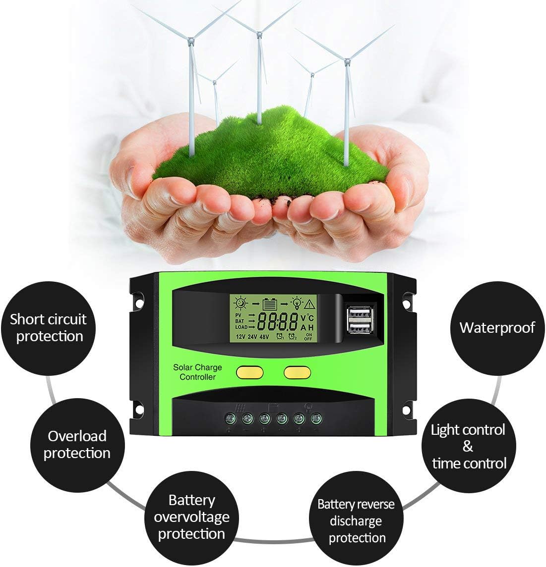 MOHOO Solar Charge Controller, 30A Solar Charger Controller, 12V/24V Solar Panel Intelligent Regulator with Dual USB Port and PWM LCD Display (Upgraded) : Garden & Outdoor