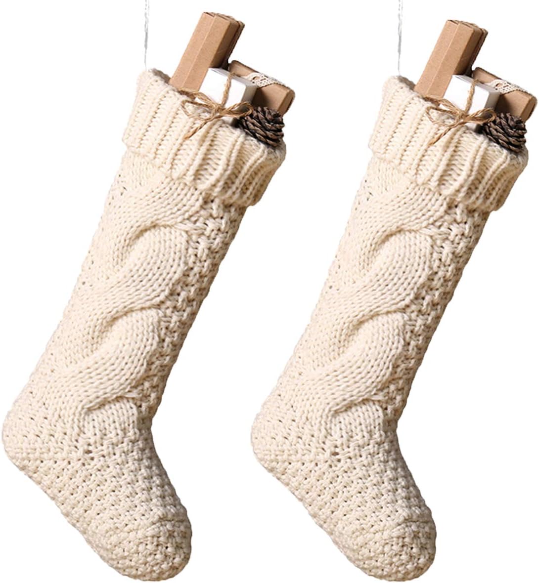 Stockings & Holders - Toes Home 18 Inch Knitted Christmas Stockings, Pack 2 Xmas Gift Bags Cream