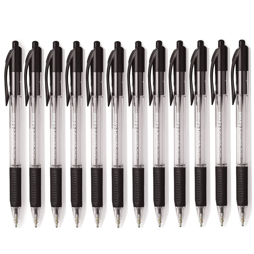 Cello Black Biro Pens (Pack OF 12) 1.0mm Ball Point Black Ink Pens for Writing | Ballpoint Pens Ideal for Stationery & Office Supplies and School Supplies