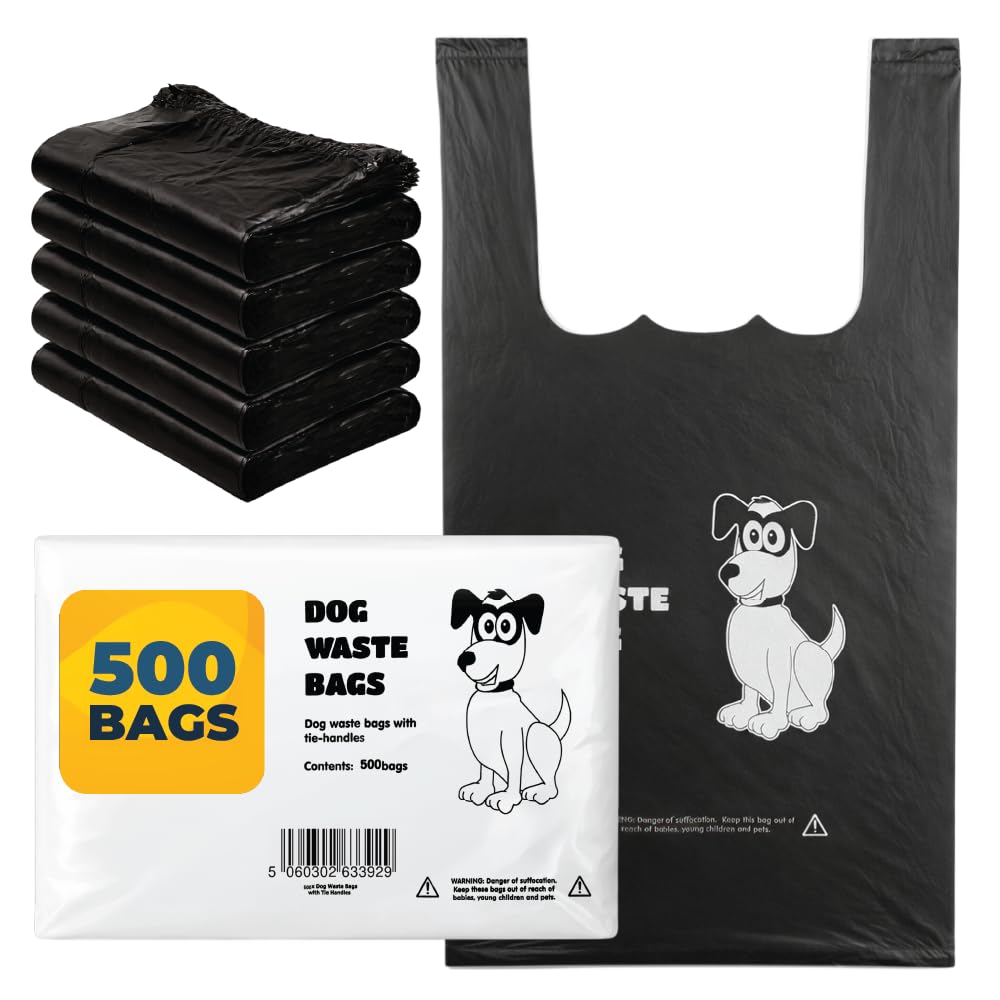 Pack of Dog Poo Bags - 500 x Dog Waste Bags - Black with Tie Handles