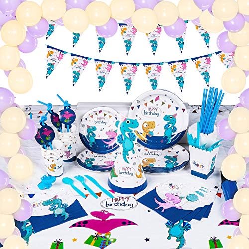 Dinosaur Party Supplies Set, YAKASU Dinosaur Themed Decorations for Kids, with Plates Cups Banner Cutlery Tablecloth Napkins Straws Hat Balloons with Strip Tie Tool for 16 Guests 171 PCS