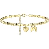 YOFECIO Gold Initial Bracelets for Women - Dainty Gold Beaded Bracelets for Women 14K Gold Plated Heart Initial Bracelets Balloon Letter A-Z Charm Bracelets Personalized Jewelry