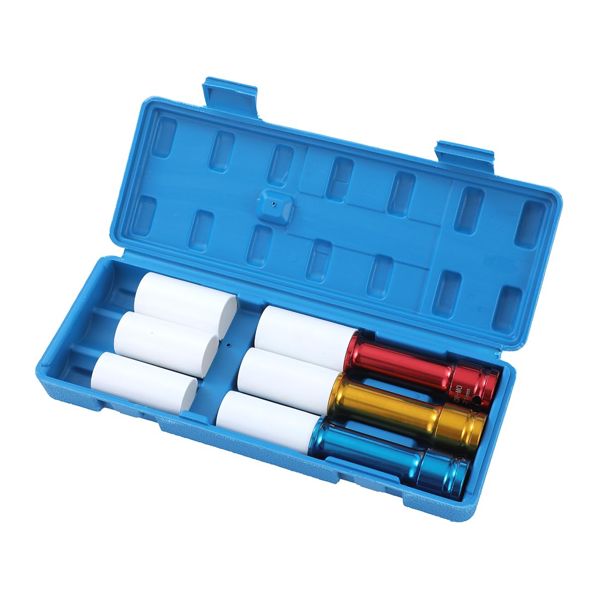 TOPWAY 1/2 Inch Drive Alloy Wheel Impact Extra Deep Socket Set 17mm 19mm 21mm Thin Wall Multicolour Metric Lug Nut Sockets with Extra 3 Plastic Sleeves, Chrome Moly Steel, with Storage Case