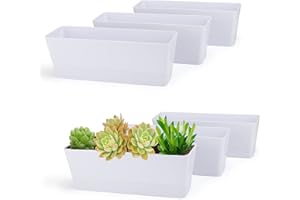 GREANER 12x3.8 Inch Herb Planters, 6 Pack White Rectangle Window Boxes with Tray, Indoor Succulent Cactus Mint Plastic Pot with Saucer for Windowsill, Balcony, Office, Outdoor Garden