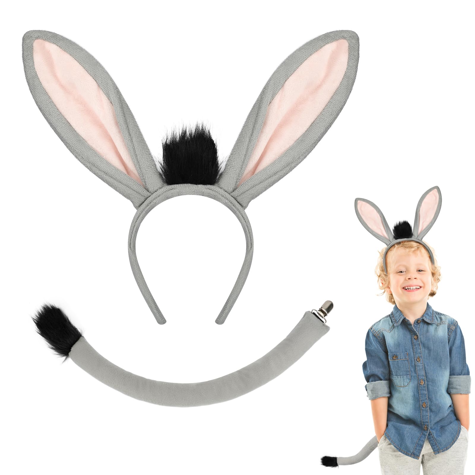 Hifot 2Pcs Donkey Costume Set, Grey Donkey Ears Headband and Tail Set, Donkey Animal Fancy Dress Outfit Animal Costume Accessories for Kids Adults for Cosplay Halloween Carnival Nativity Theme Party