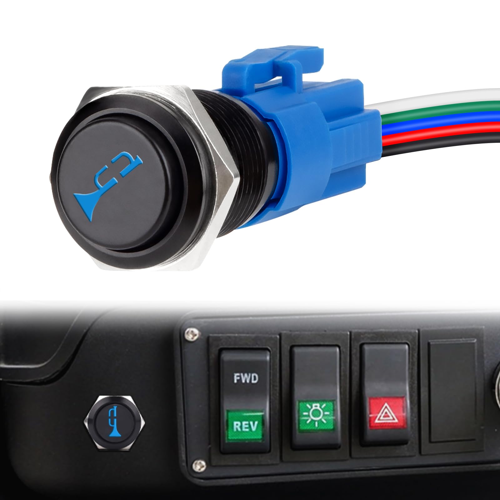 Photo 1 of Horn Button 12v, 16MM Raised Speaker Momentary Push Button Switch, 5/8" Mounting Hole Horn Switchs for Automotive Car Boat Train, Blue LED Light Black Stainless Steel Shell