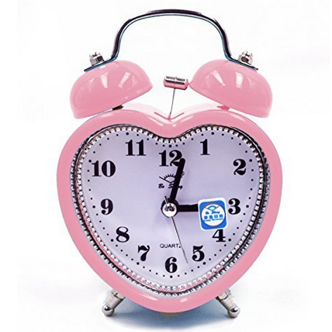 ashdown Twin Bell Heart-Shaped Desk Clock Silent Travel Alarm Clock With Nightlight Cute Pink