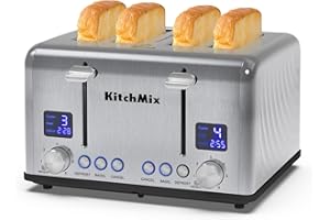 Toaster 4 Slice, KitchMix Bagel Stainless Toaster with LCD Timer, Extra Wide Slots, Dual Screen, Removal Crumb Tray (Stinless steel)
