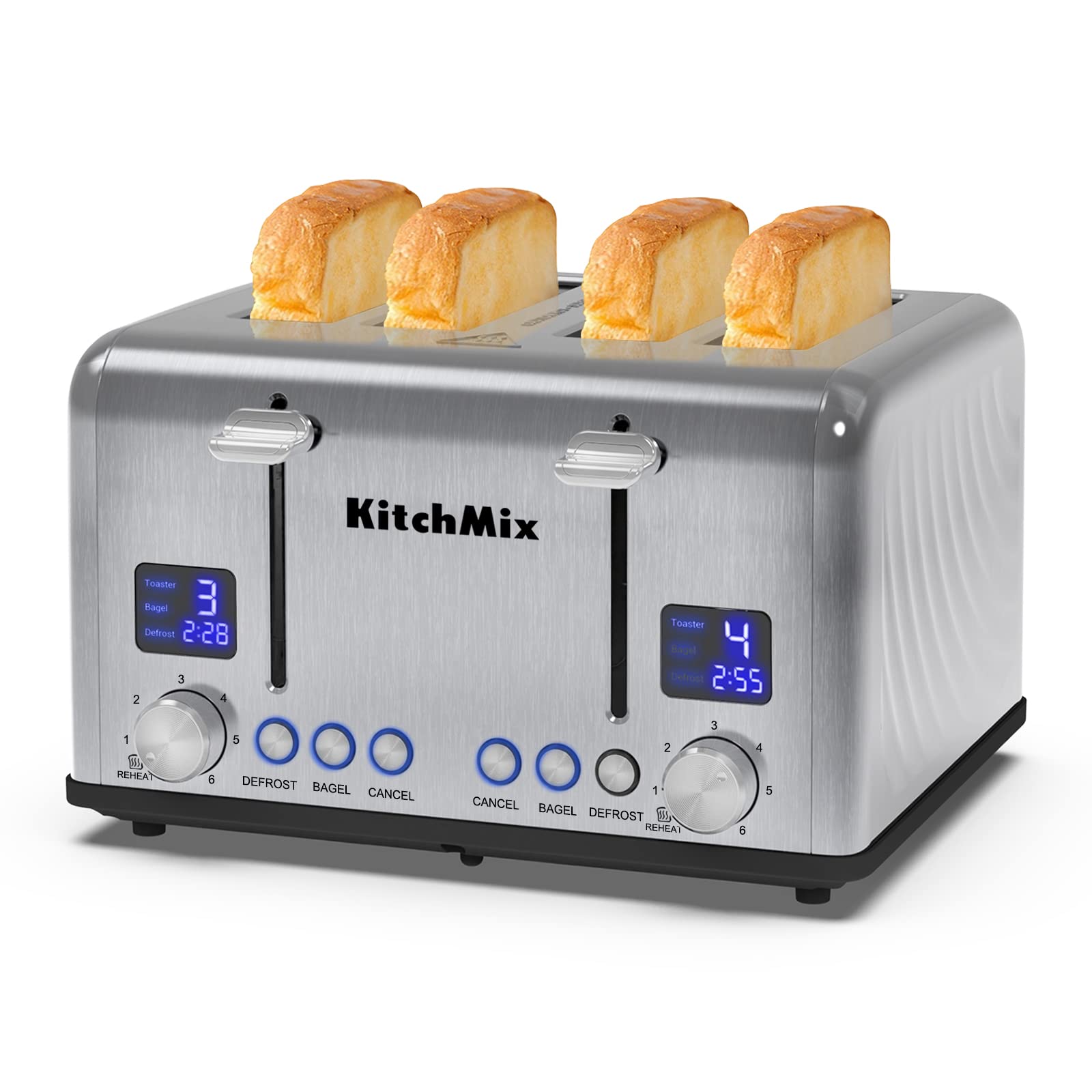 Photo 1 of Toaster 4 Slice, KitchMix Bagel Stainless Toaster with LCD Timer, Extra Wide Slots, Dual Screen, Removal Crumb Tray (Stinless steel)
