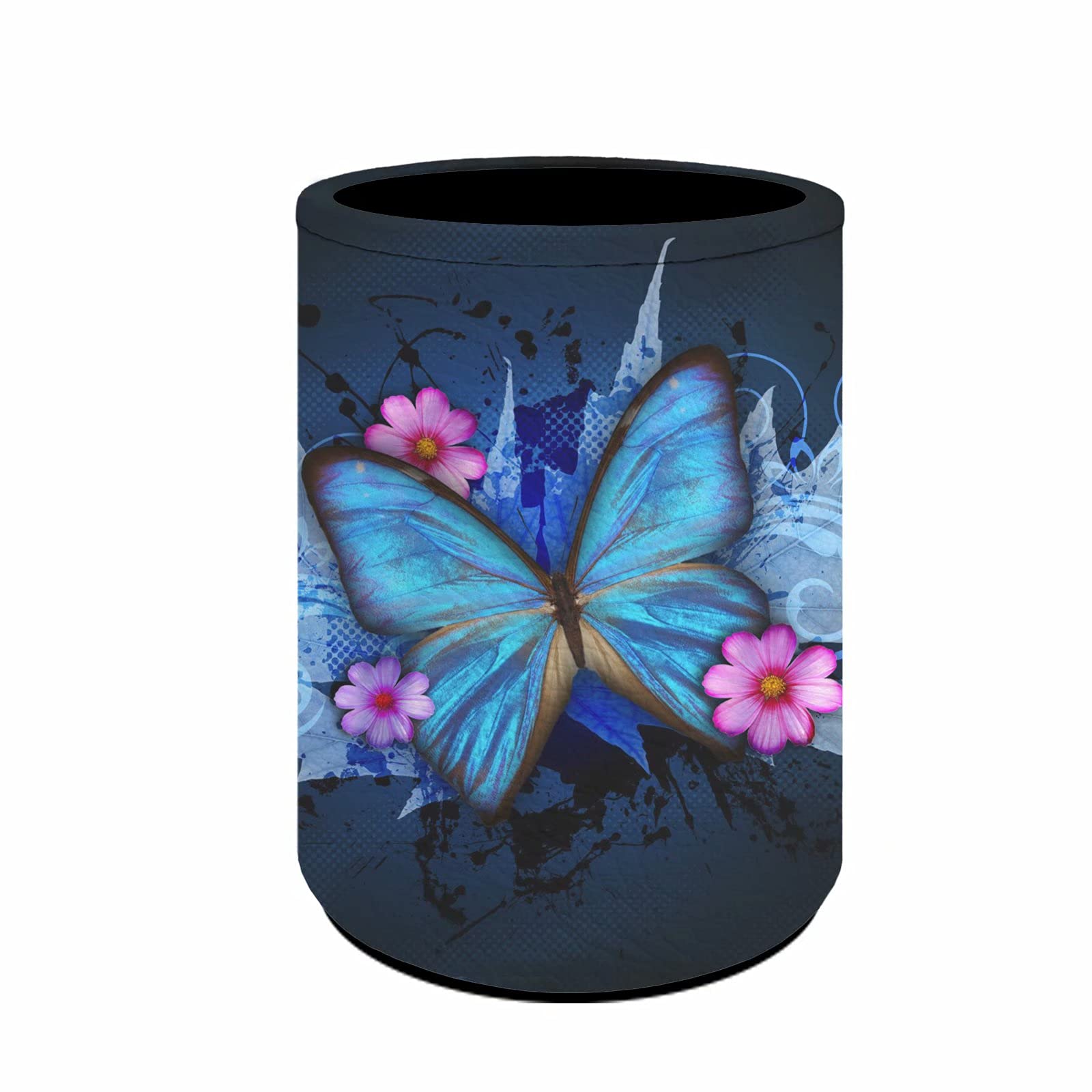 chaqlin Blue Butterfly Pencil Holder for Desk,Round Pencil Cup Stationery Desk Organizer Control Storage Box,PU Leather Pen Pot for Women Makeup Brush Holder,Butterflies Stationery Office Supplies
