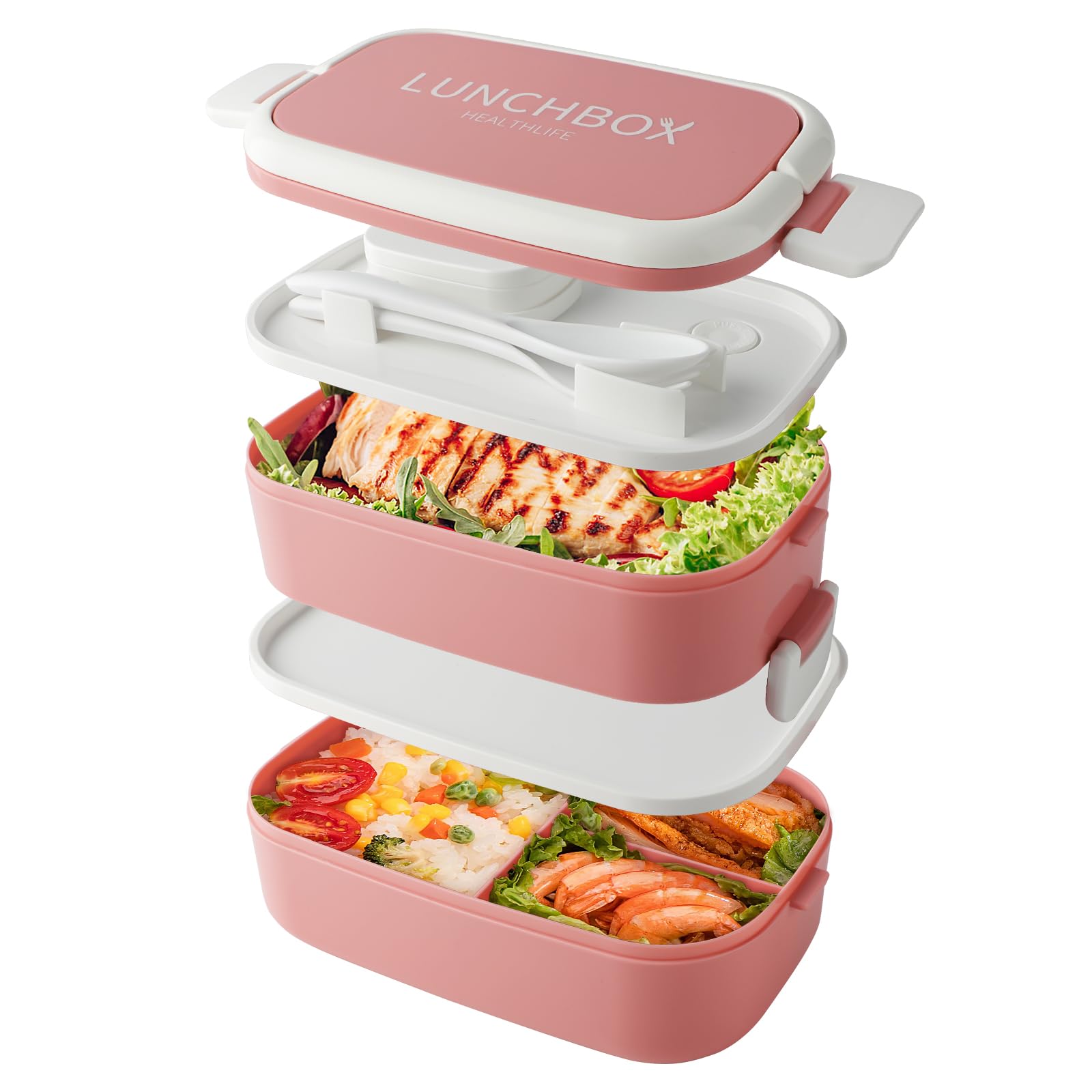 Beeptrum Bento Lunch Box Stackable,1400ml Containers with 4 Compartments and Cutlery, Leakproof 2 Layer Boxes, for Adults Kids Office, Microwave Dishwasher Safe (Pink)