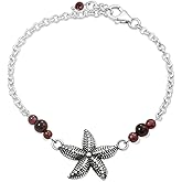 925 Sterling Silver Garnet Bracelet - Adjustable 16-18cm Chain - 3mm Round Beads with Silver Starfish Charm - Garnet Womens Bracelets - January Birthstone - Perfect Anniversary and Valentines Day Gift