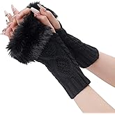 Sumleno Arm Warmers Fingerless Winter Gloves Faux Fur Cable Knit Warm Gloves Wrist Warmers with Thumb Hole