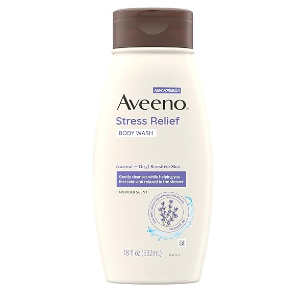 AVEENO STRESS RELIEF BODY WASH WITH NOURISHING OAT & LAVENDER SCENT FOR SENSITIVE SKIN, GENTLY CLEANSES & HELPS YOU FEEL CALM & RELAXED IN THE SHOWER, SOAP-FREE, 18 FL. OZ