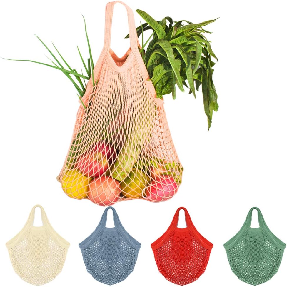 5Pcs Net Cotton String Shopping Bag, CREATIEES Reusable Mesh Market Tote Organizer for Grocery Shopper Produce Storage Beach Toys Fruit Vegetable - Less Plastic (5Pcs Short Handle)