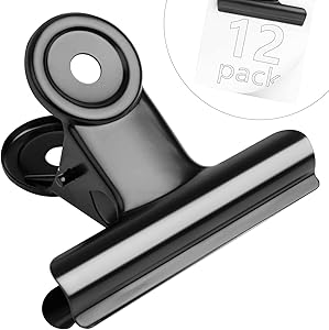 12 Pack Black Bulldog Binder Paper Clips Bag Clips, Stainless Steel Chip Clips Metal Hinge Clip File Clamps for Crafts, Food Bags, Drawings, Photos