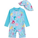DivingBirds Baby Girl Long Sleeve Swimsuit with Sun Hat - Toddler One Piece Rash Guard Bathing Suit Zip 3Months-3T