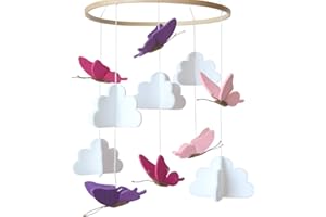 Sorrel + Fern Baby Crib Mobile - Butterflies in The Clouds Nursery Crib Decoration for Girls & Boys - Pink & Purple