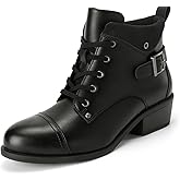 Athlefit Women's Short Ankle Boots Chunky Low Heel Round Toe Boots Comfortable Lace Up Booties with Side Zipper