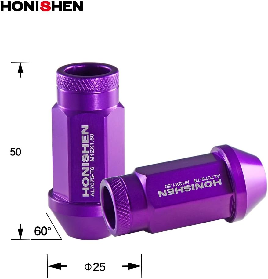 Honishen Long Aluminium Car Lug Nut/ Aluminium 7075-T6/ 20pcs/ Box (12x1.5) (Purple)