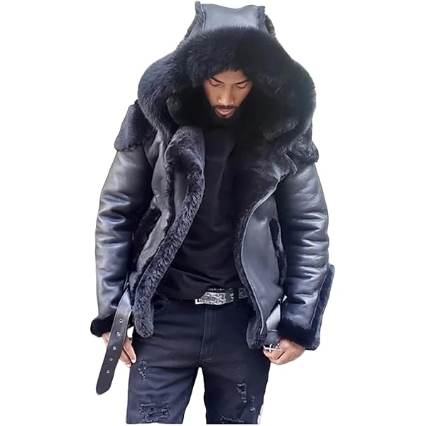 KGKQHKQ Mens Fur Hoodie Sherpa Leather Jacket Fleece Lined Belt
