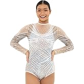 Alexandra Collection Star-burst Geometric Mesh long Sleeve Sequin Leotard