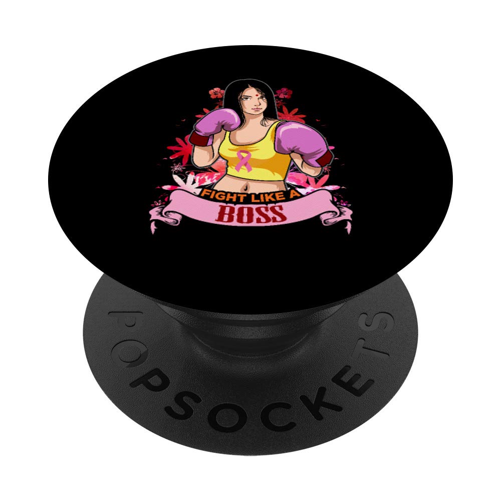 Indian Girl Pink Warrior Breast Cancer Awareness Boxing PopSockets Swappable PopGrip