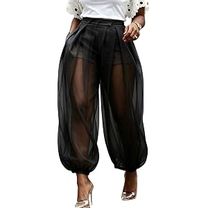 Unybwonn Women Wide Leg Barrel Pants Mesh Pleated Balloon Chiffon Trousers | See Through,High Waist
