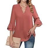 CASURESS Women's Tops Dressy Casual V Neck 3 4 Tiered Bell Sleeve Blouses Double Layered Chiffon Work Tunic Shirts