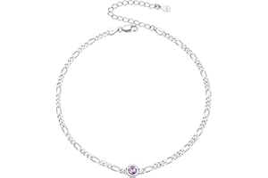 SILVERCUTE Figaro Anklets for Women, Sterling Silver Diamond Cut 3mm Link Chain Ankle Bracelet with Heart/Round Birthstone, Length 8.5"-10.5"