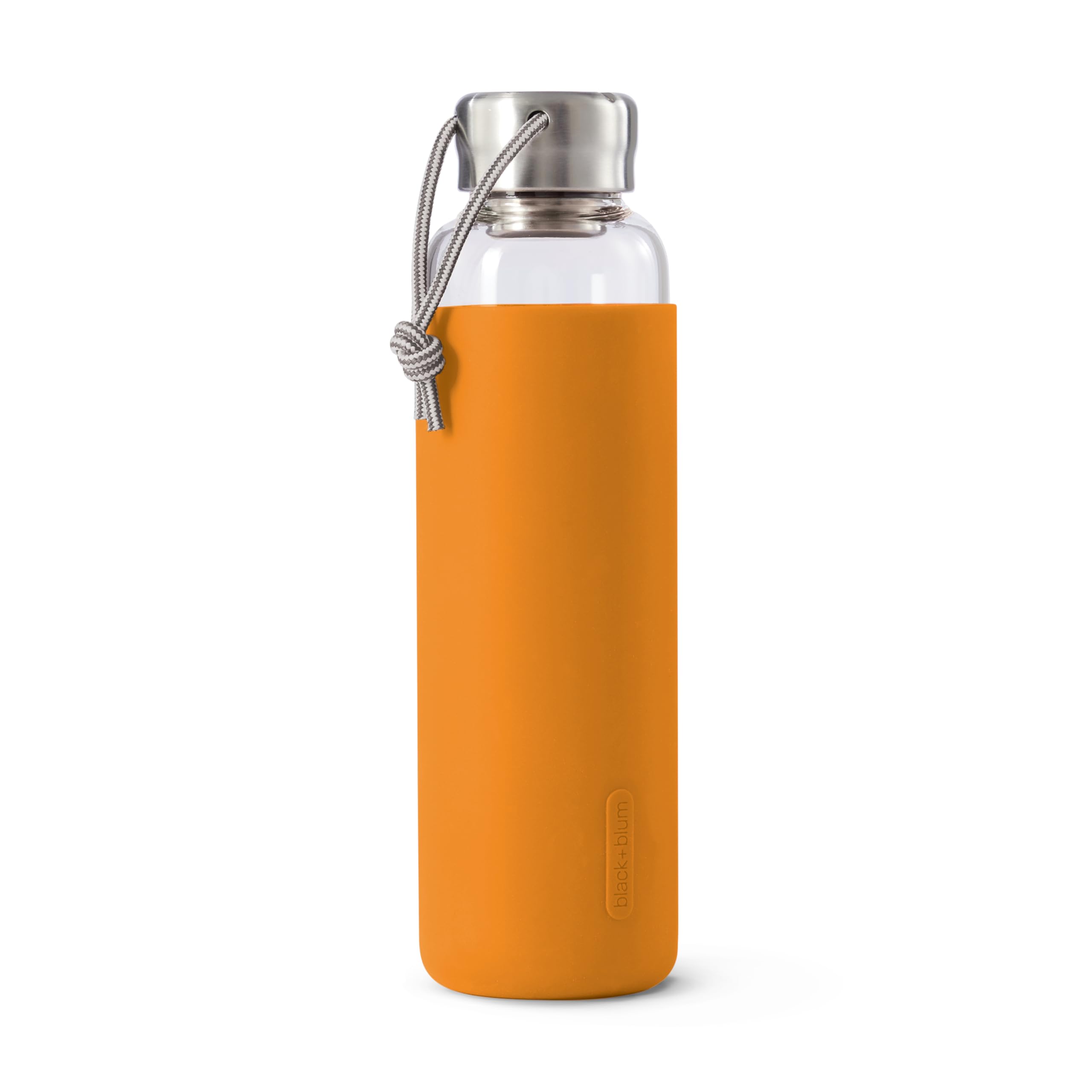 BLACK+BLUM - Glass Water Bottle - Leak Proof, Lightweight Borosilicate Glass Bottle with Screw-Fit Lid, Carry Loop and Protective Sleeve - Freezer Safe, Orange - 600ml