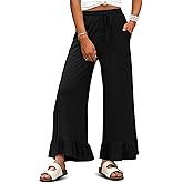 KISSMODA Womens Palazzo Lounge Pants Drawstring Elastic High Waisted Ruffle Hem Wide Leg Pants with Pockets