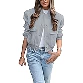 Chatinction Womens Cropped Bomber Jackets Pockets Snap Button Long Sleeve Varsity Jackets Baseball Coat With Pockets