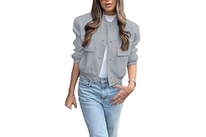 Chatinction Womens Cropped Bomber Jackets Pockets Snap Button Long Sleeve Varsity Jackets Baseball Coat With Pockets