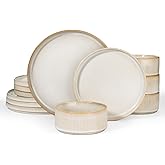 Richmount Star Dinnerware Sets, Plates and Bowls Set for 4, 12 Piece Dish Set, Ribbed, Cappuccino White