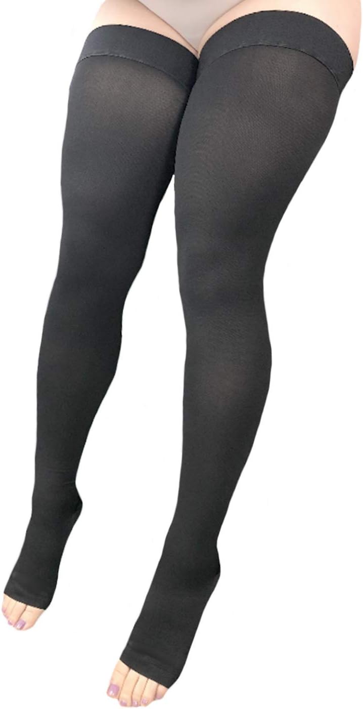 Presadee Wide Thigh Knee High Length 20-30 mmHg Medical Leg Calf Compression Circulation Support Stocking With Silicone Grip Open Toe (Black, 3XL)