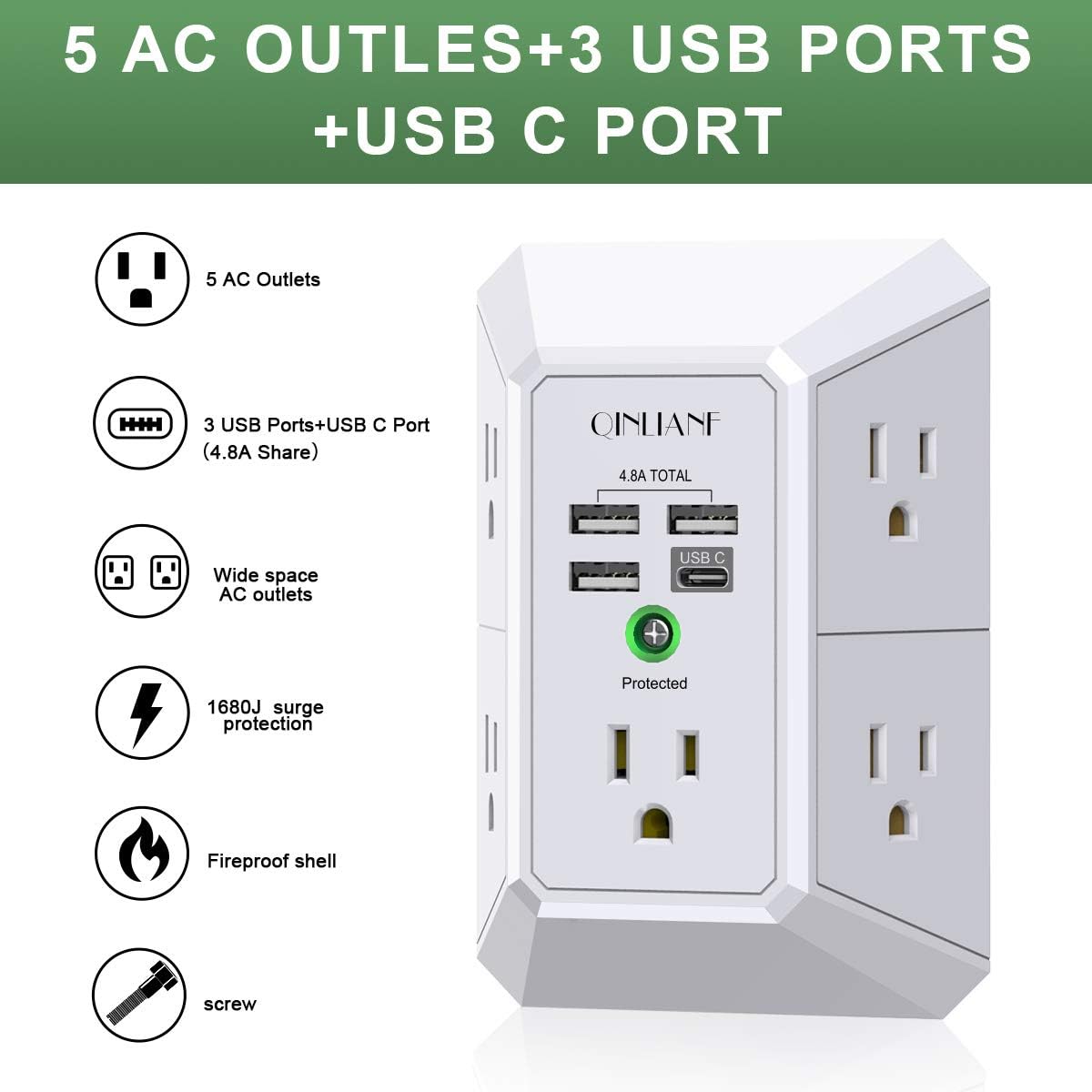 USB Wall Charger, Surge Protector, QINLIANF 5 Outlet Extender with 4 USB Charging Ports ( 4.8A Total) 3-Sided 1680J Power Strip Multi Plug Outlets Wall Adapter Spaced for Home Travel Office (3U1C): Electronics
