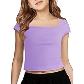 Haloumoning Girls Crop Tops Summer Short Sleeve T Shirts Kids Square Neck Slim Fit Basic Tee