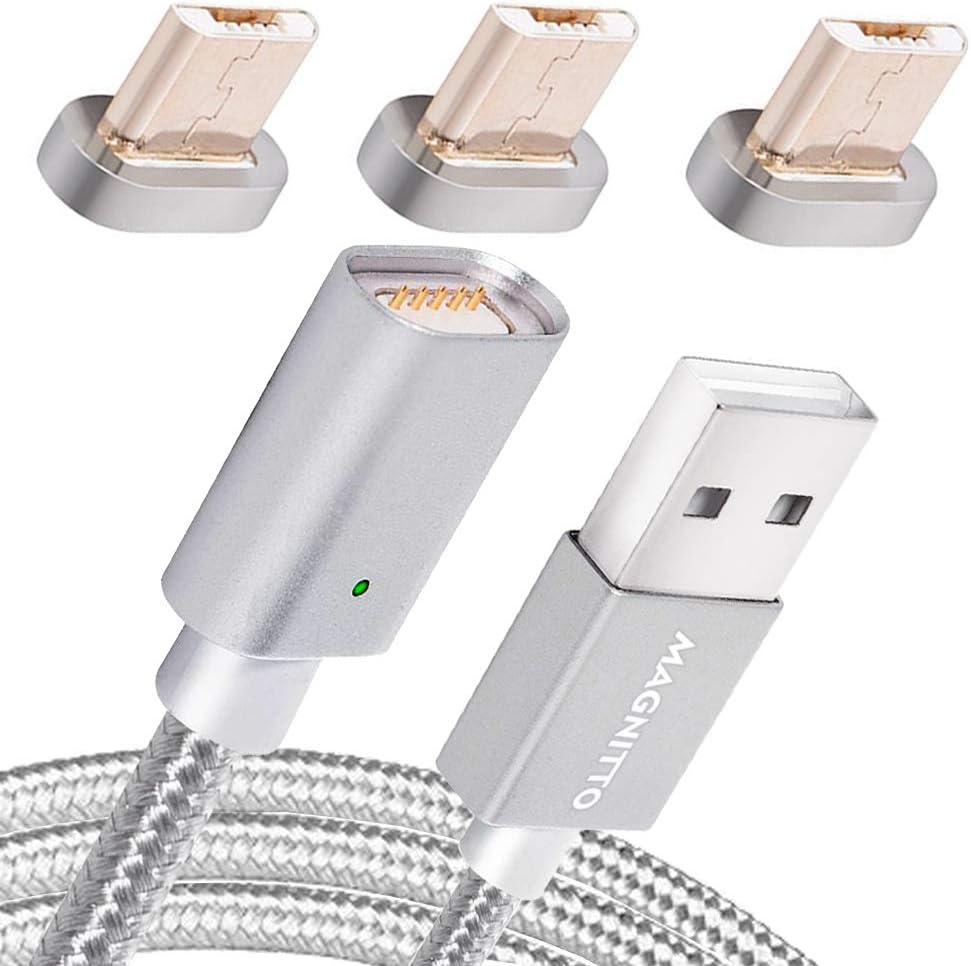 MAGNITTO Magnetic Micro USB Charging Cable Adapter with Fast Quick Charger & High Speed Data Transfer Cord for Any Android Phones Tables HTC Moto LG Samsung Galaxy S2 S3 S4 S5 S6 S7 3ft (Silver)