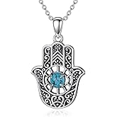 BETHZA Turquoise Hamsa Necklace 925 Sterling Silver Evil Eye Hand of Fatima Pendant Vintage Western Jewelry Gift for Women