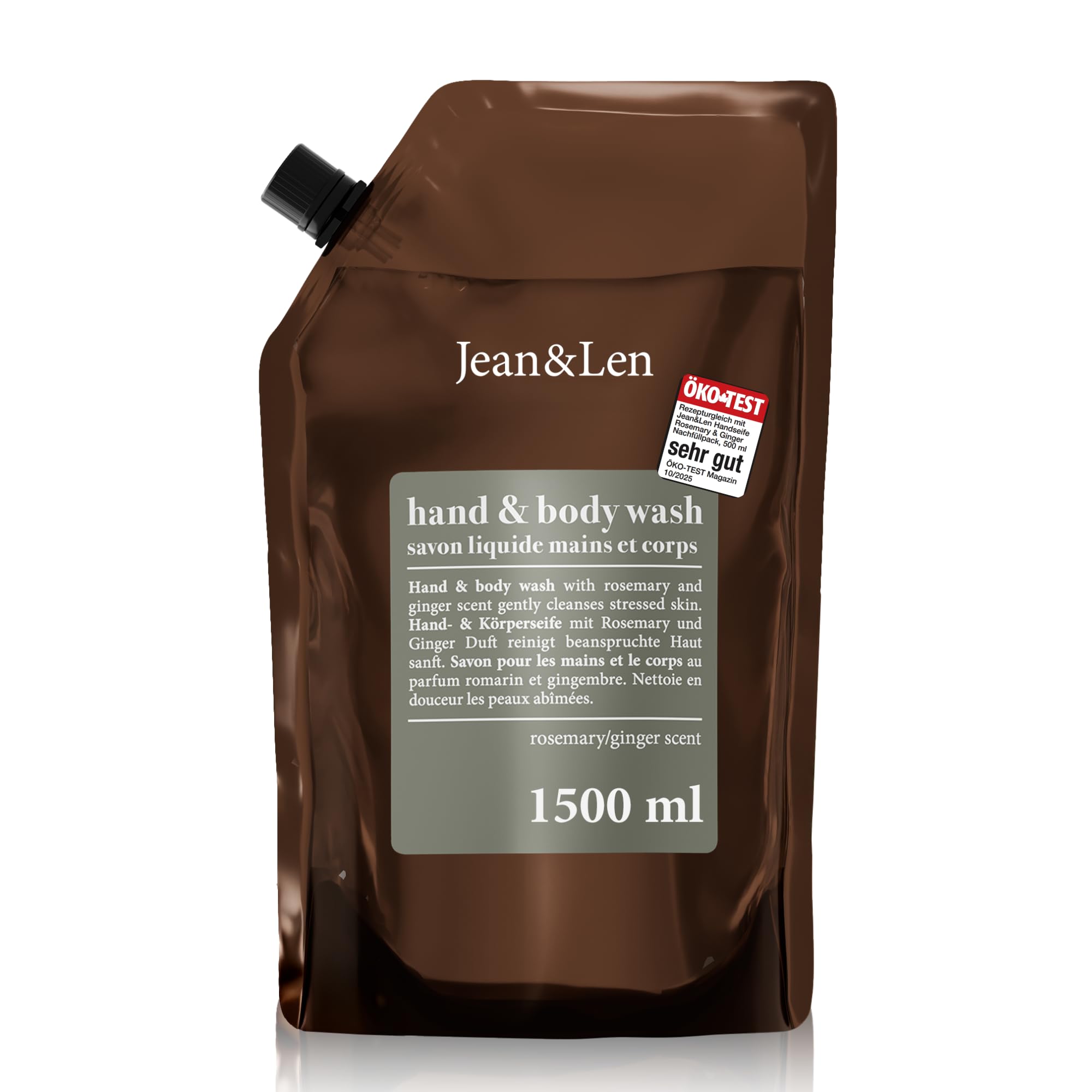 Jean & Len Rosemary and Ginger hand wash in a refill pack, cleanses and cares for the skin, fresh and spicy scent, liquid soap, without silicones, parabens and microplastics, 1.5L