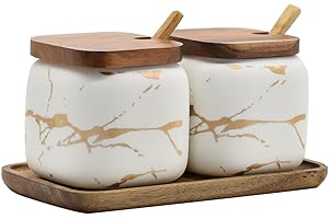 KIDYBELL 2 Sets of Marble Ceramic Seasoning Jars Ceramic Sugar Bowl with Lids，Tray and Spoons (white)