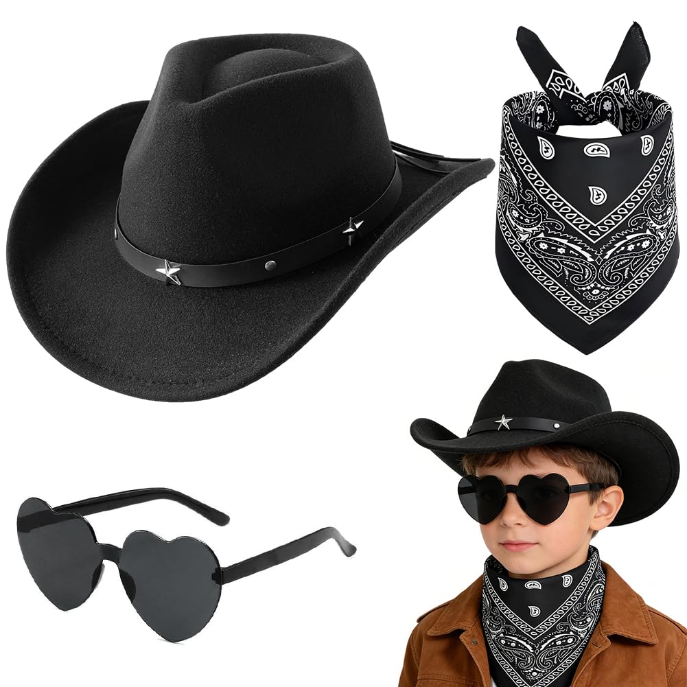 FCXVXCL Kids Cowboy Hat 3 PCS Cowboy Costume for Kids Accessories Children with Black Hat Scarf Heart Sunglasses for Halloween Christmas World Book Day Fancy Dress Up