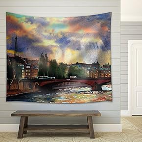 Watercolor Painting of The Paris, France. - Fabric Wall Tapestry Home Decor - 51x60 inches