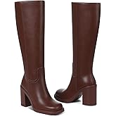 CYNLLIO Brown Knee High Boots for Women Tall Platform Gogo Boot Heeled Leather Botas w/ 3.54" Chunky Heel Square Toe Side Zipper Size 6